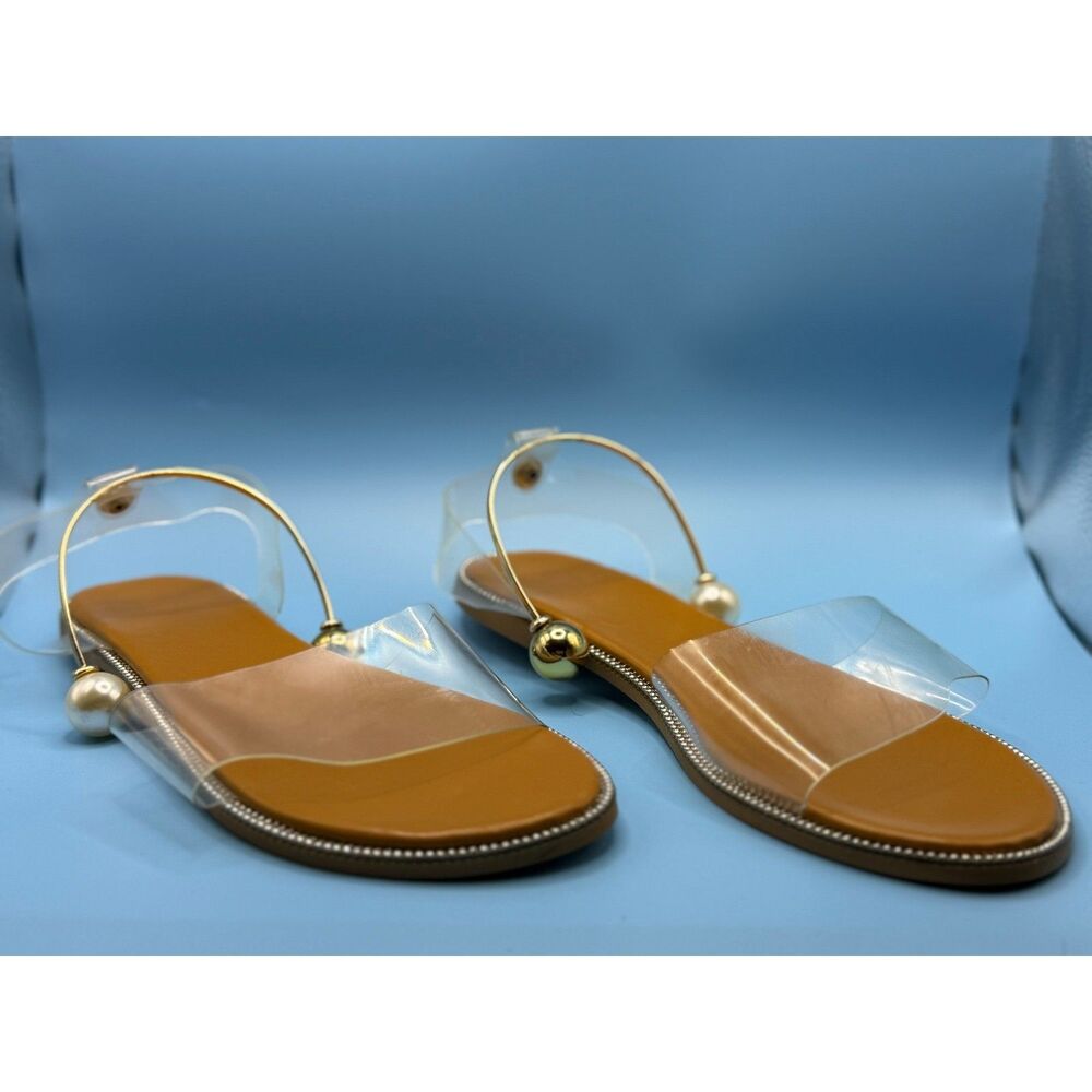 Womens Clear Strap Sandals Pearl Gold Accent Tan Flat Slides Size 39 NEW